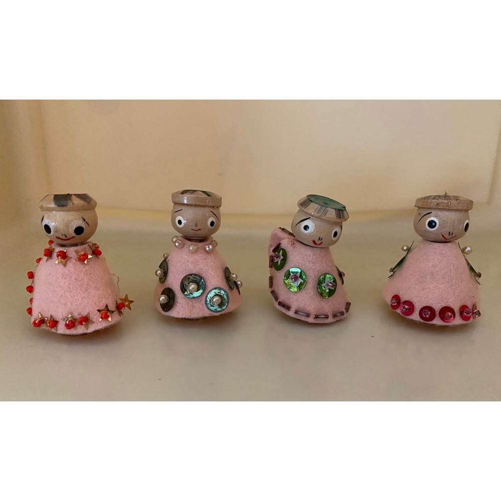 Vintage Japanese Kokeshi Angel Felt Painted Wood Sequin Bead Doll Figurines s25
